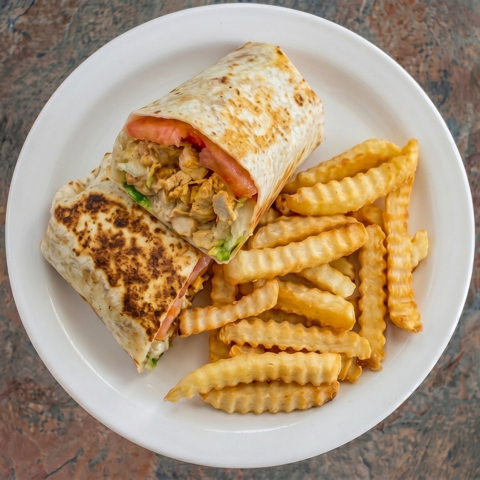 Grilled Chicken Wrap with Fries.