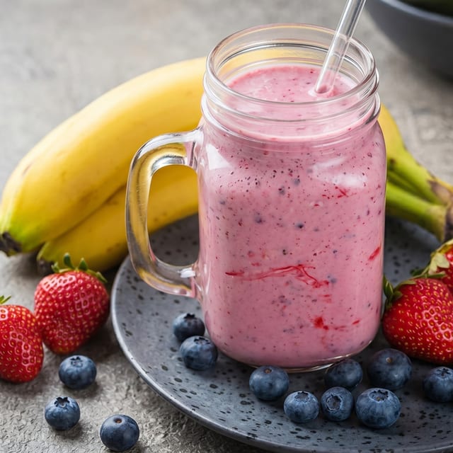 Banana, Strawberry and Blueberry Smoothie.